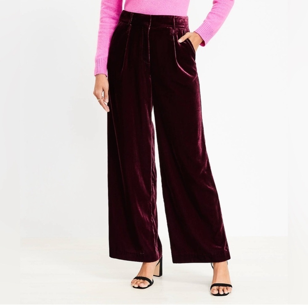 Loft Wide Leg Crushed velvet pants NWT Burgundy